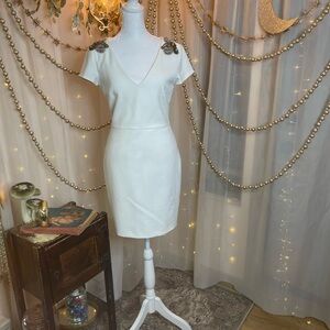 Zara Cream Sheath Dress with V-Neck and Shoulder Appliqués